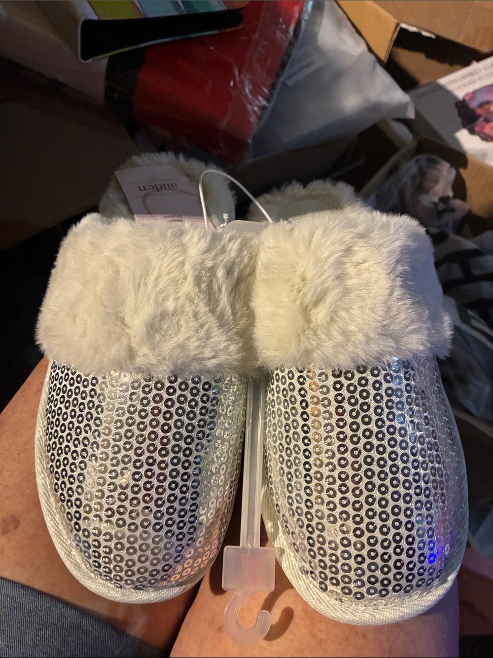 Auden Cream Faux Fur Sequin Clog Slippers